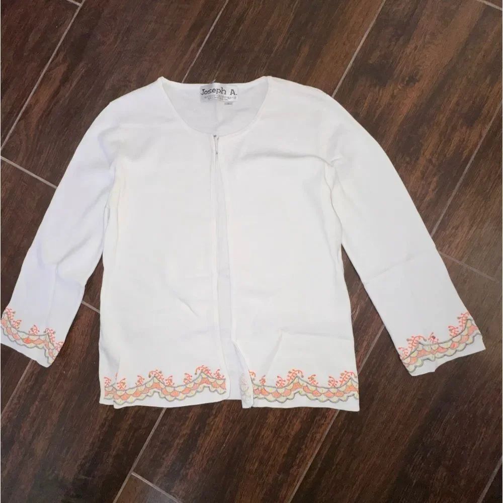 Joseph A. White Embroidered Silk Blend Cardigan Sweater Hook Eye Closure Small